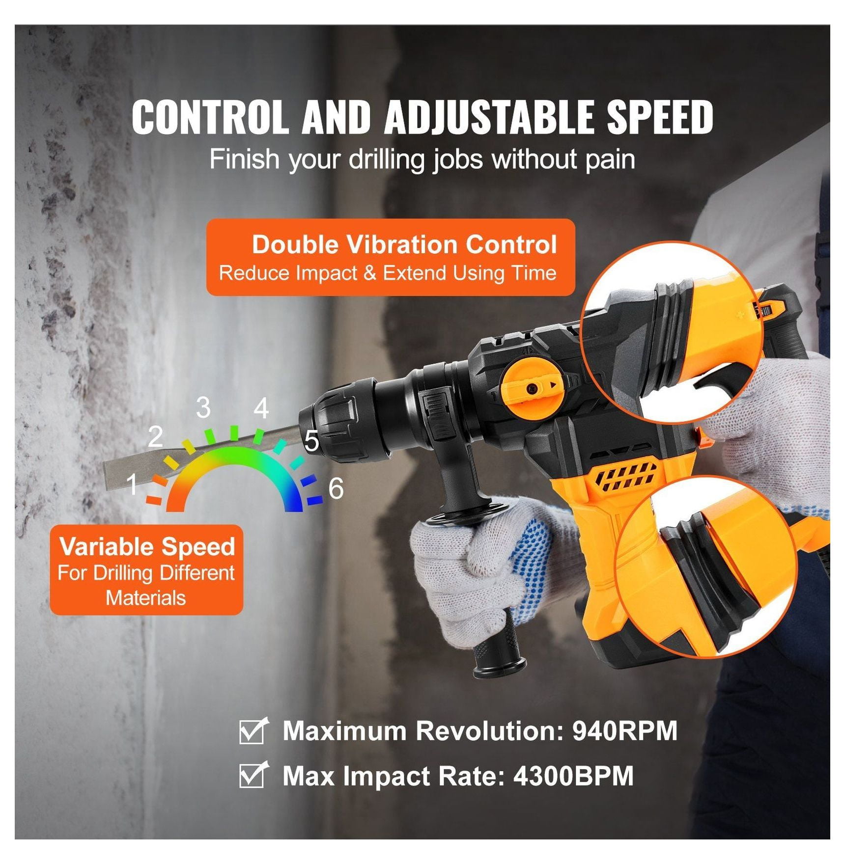 TriGol Rotary Hammer Drill - 1-1/4 Inch SDS-Plus, 4 Mode Corded Drill for Concrete, Chipping, Demolition, with Complete Accessories