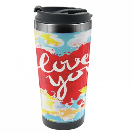 

I Love You Travel Mug Brushstroke Message Steel Thermal Cup 16 oz by Ambesonne