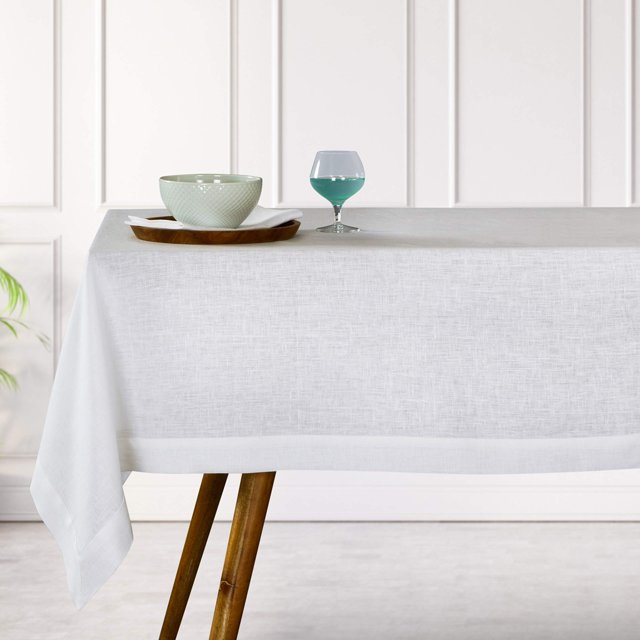 DMoksha Homes White Tablecloth - 54 x 72 Inch, 100% Pure Linen Tablecloth 72 inches, Machine Washable, Rectangular Tablecloth for July 4th Summer