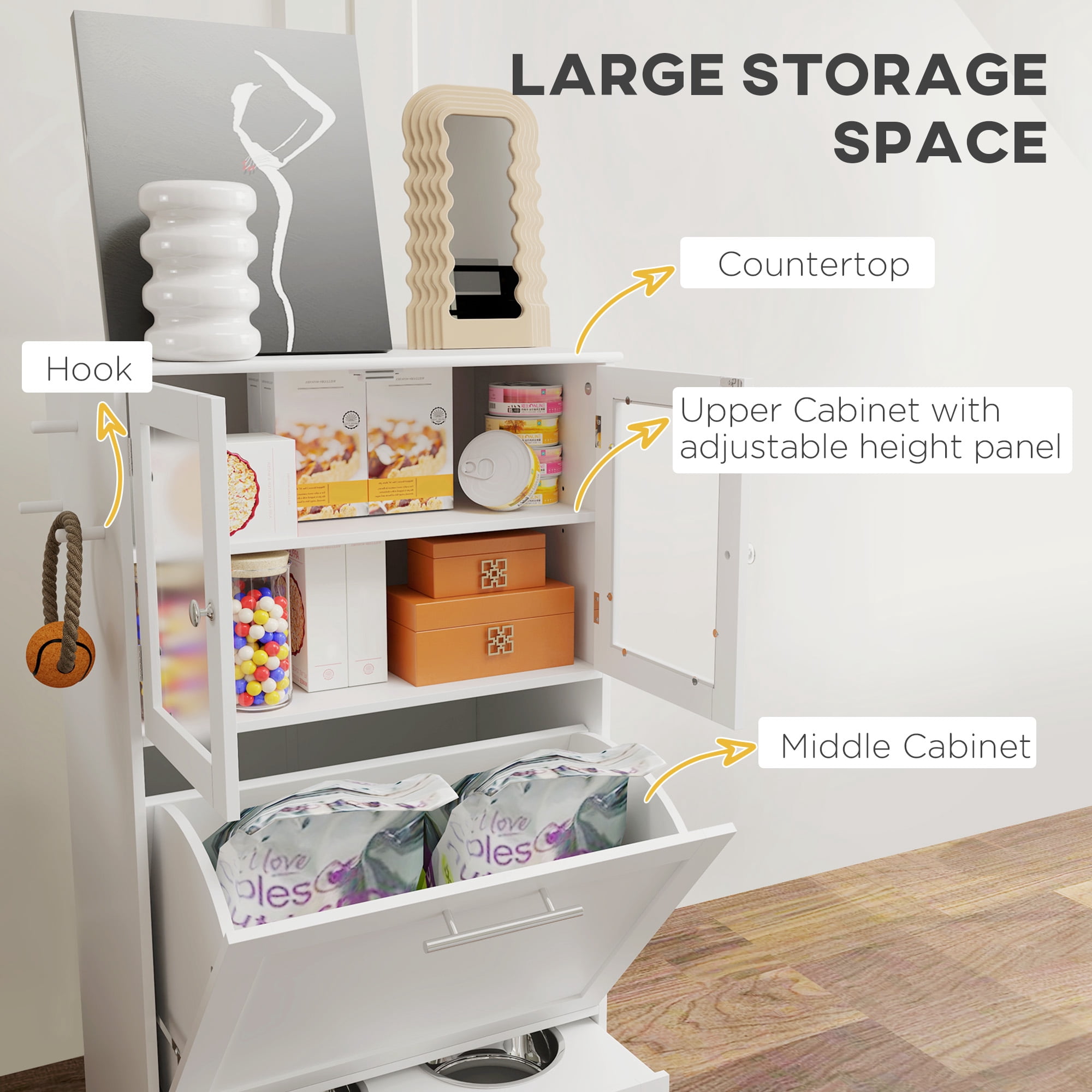 Pet Feeder Station Storage Cabinet with Dog Raised Bowls, White