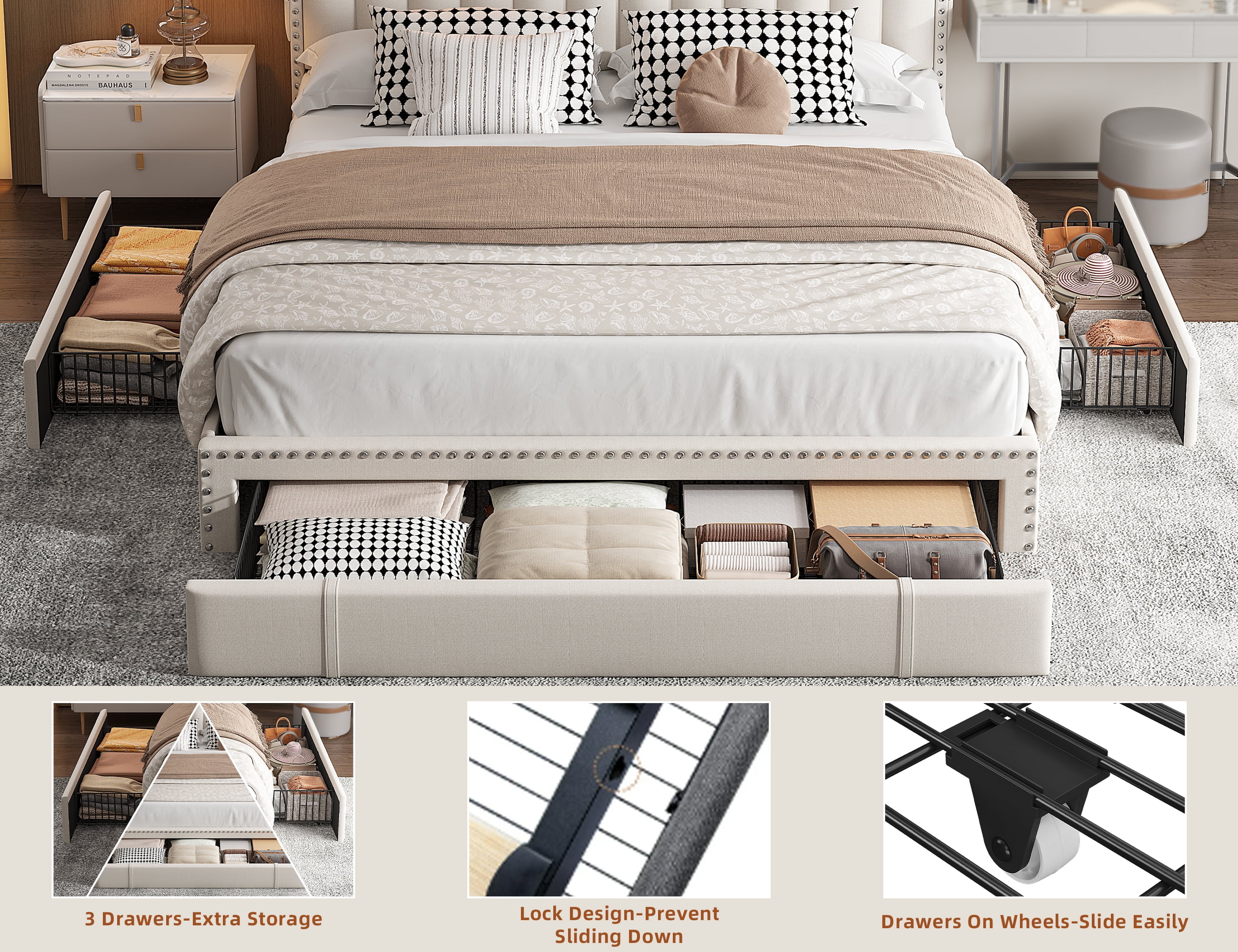 Enhomee Upholstered Queen Bed Frame, Headboard, 3 Storage Drawers, NoiseFree, Beige  (图4) Enhomee Upholstered Queen Bed Frame, Headboard, 3 Storage Drawers, NoiseFree, Beige  (图4)