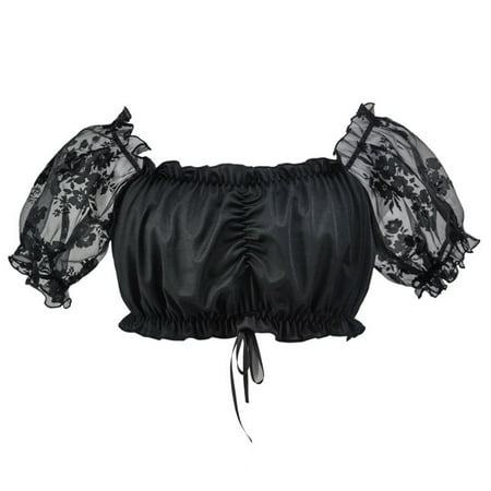 

Mrat Lingerie Tops Floral Mesh Sheer Lingerie Ladies Maid Skirt One Shoulder Lace Pleated Top Tube Top Short Sleeve Shirt Top Lingerie Top Cami Lace