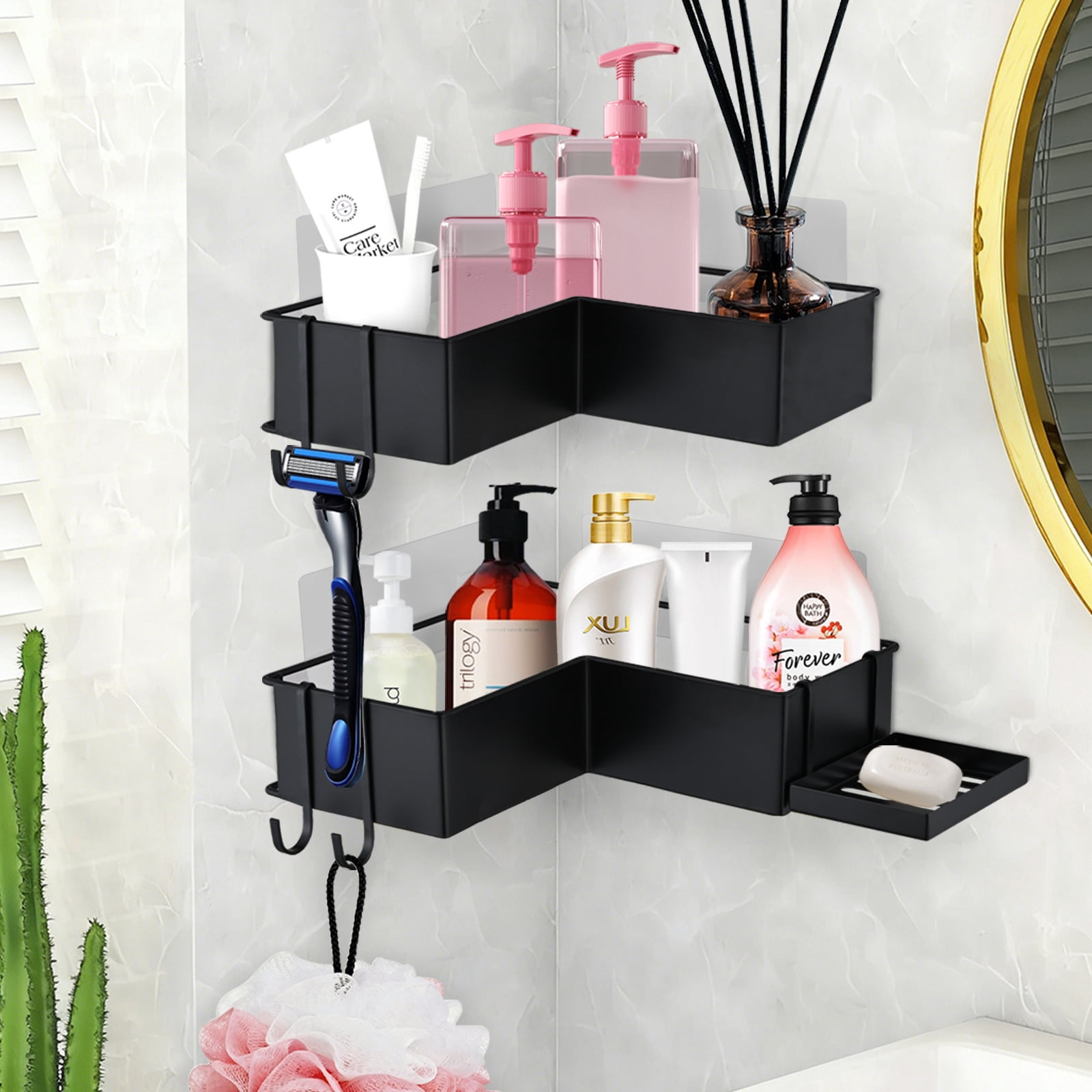 2 Pack Drill-Free Adhesive Corner Shower Caddy Organizer with Soap Holder and 4 Hooks