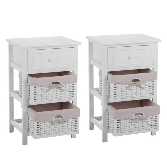 SgoodS Bedside End Table Nightstand Drawer Storage Organizer Cabinet W/2 Baskets White