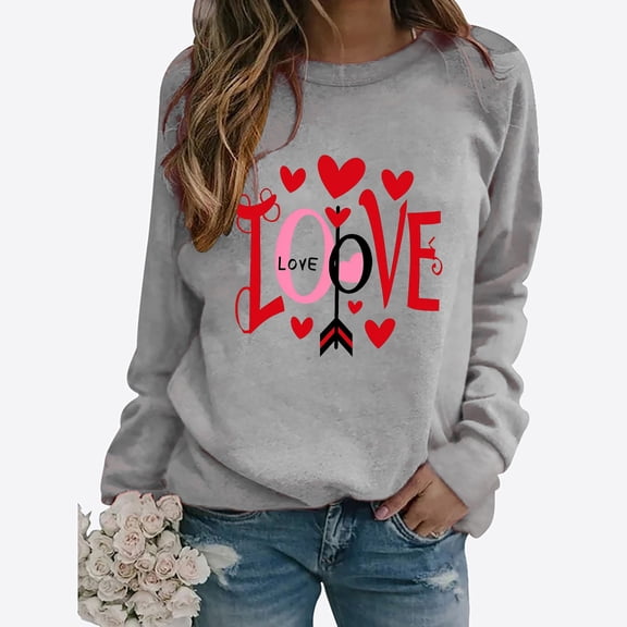SOOMLON Valentine's Day Shirts for Women Couple Valentines Gift Loose Long Sleeve Scoop Neck T Shirts Cute Heart Print Tops Trendy Valentines Clothes 2025 Gray XL
