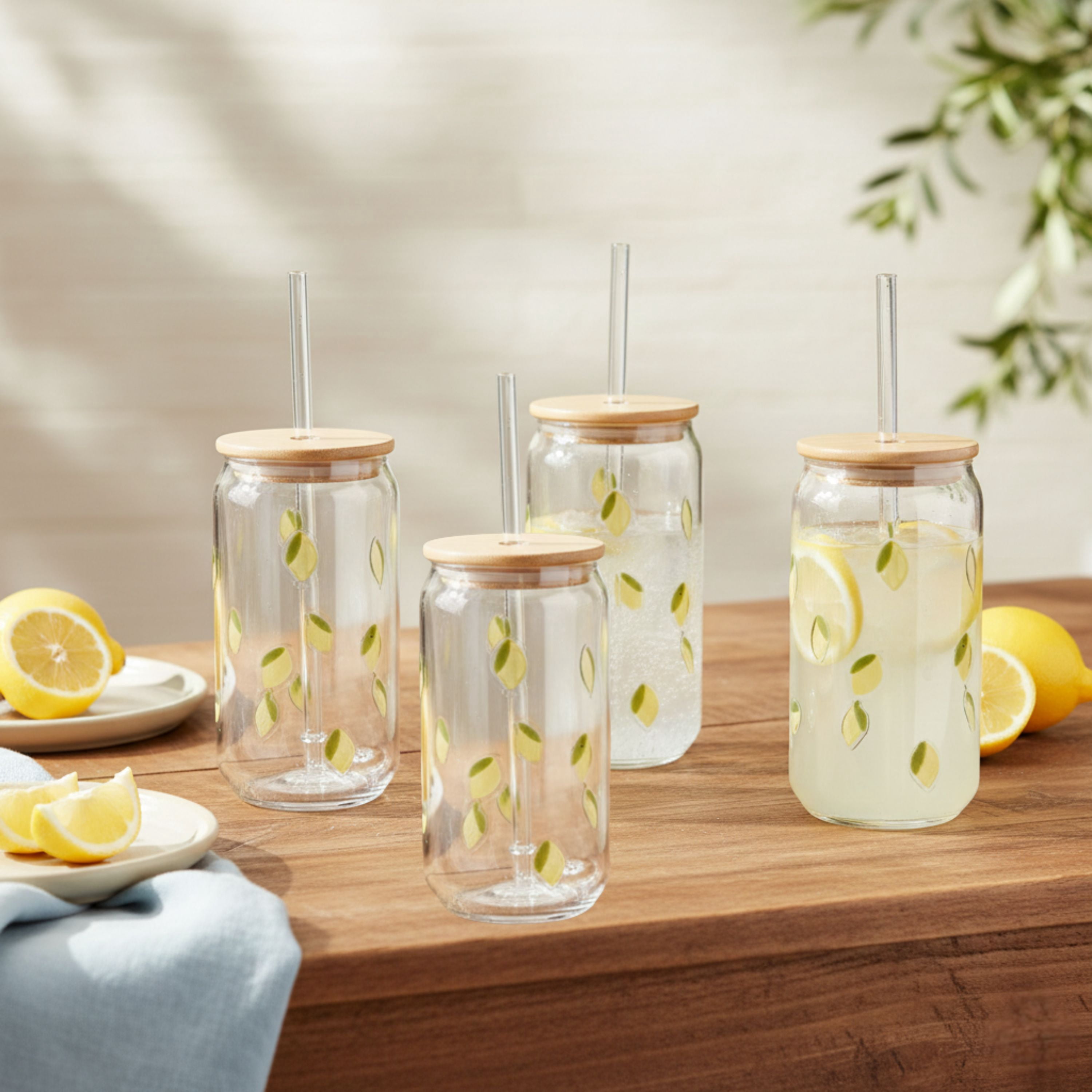 Just Feed Me by Jessie James Decker 4-Piece 18oz Embossed Lemon Can Sipper Tumbler with Straw Set