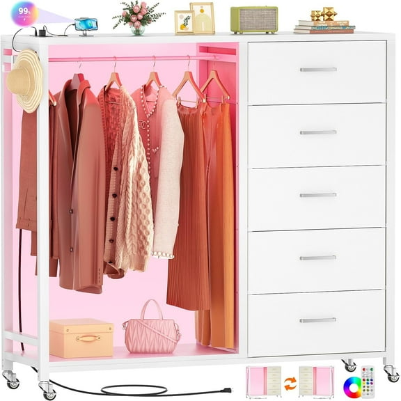 Aheaplus Dresser for Bedroom with Clothes Rack, 5 Drawers Dresser with Charging Station & LED Lights, Storage Chest of Drawers with Wheels, Wooden Top, Lockable Wheels, Bedroom, Closet, White