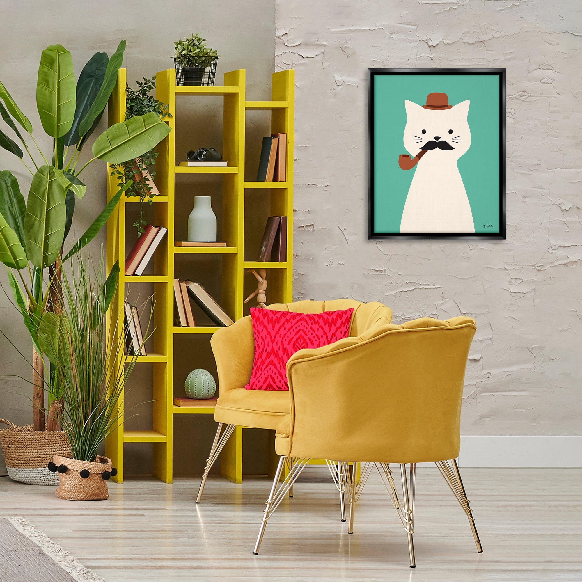 Stupell Industries Cat Smoking Pipe Animals Painting Black Floater Framed Canvas Art Print Wall Art, 17 x 21