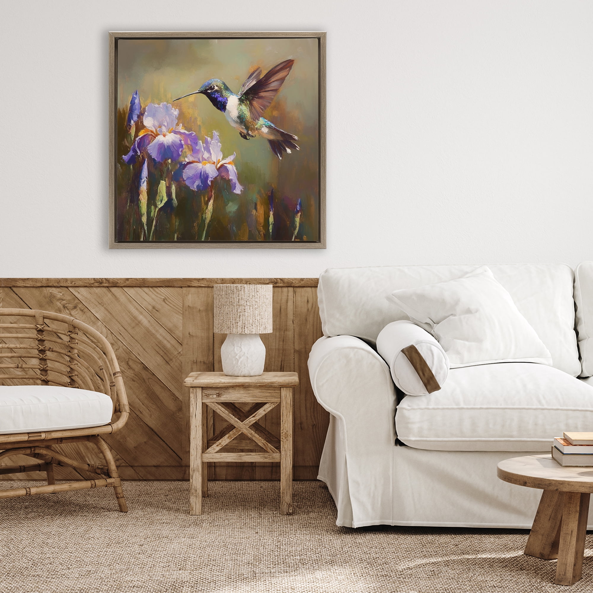 Stupell Industries Hummingbird & Purple Irises Brown Framed Floater Canvas Wall Art, design by Tina LeCour