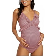 Womens Summer Beach Striped Print One Piece Maternity Swimsuit Bathing Suit Ruffled Plunge Neck Swimwear