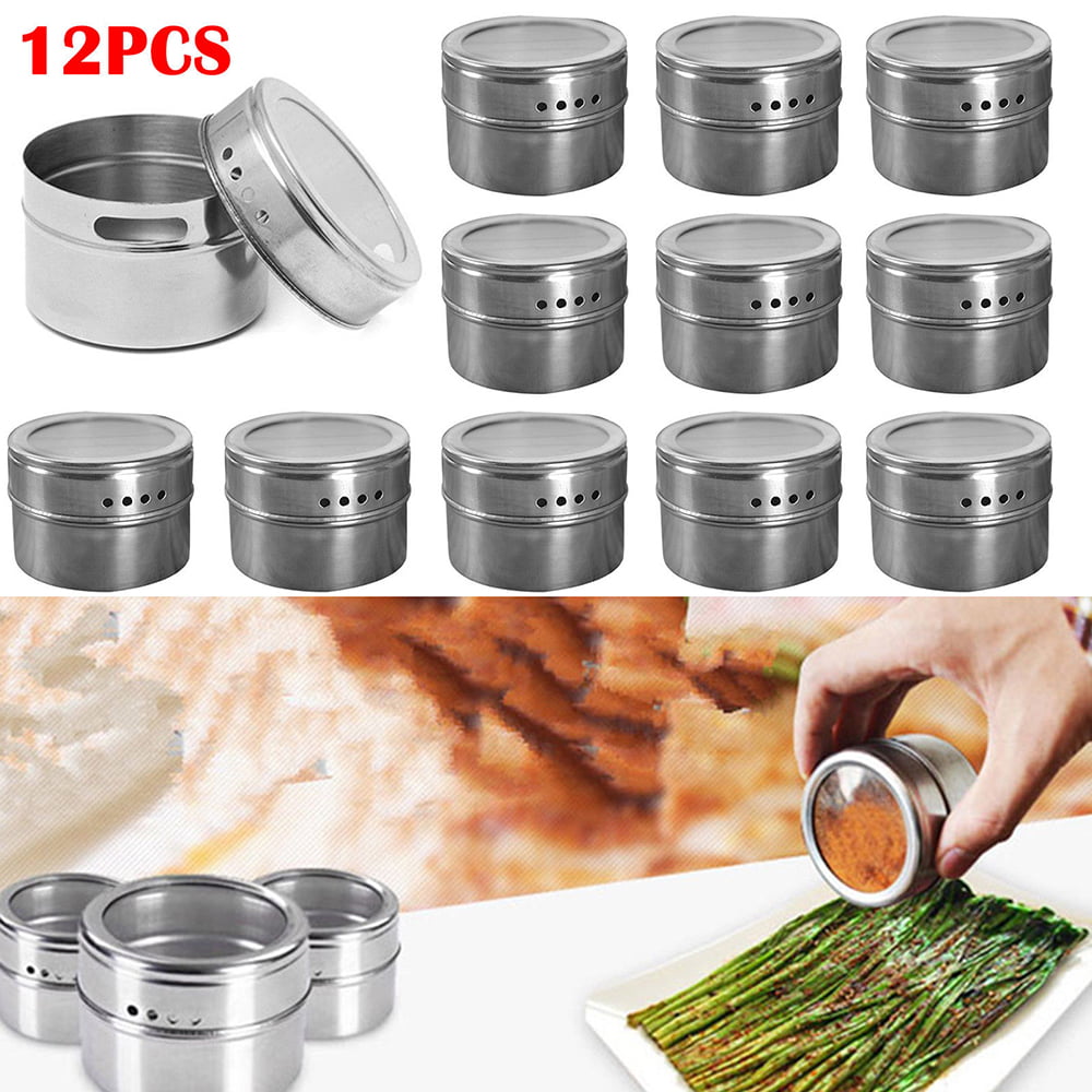 12pcs Magnetic Stainless Steel Spice Pot Herb Jar Storage Holder Cook Stand 