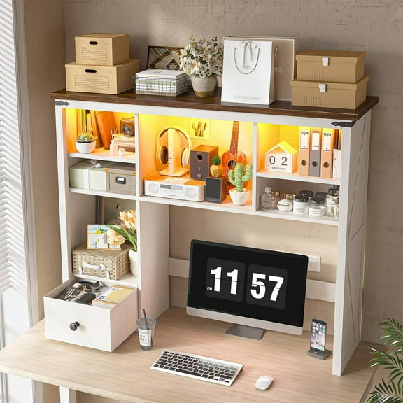 Wangbujianwang 38" Wooden Desk Shelf for Top of Desk with LED Lights, Adjustable Desk Hutch Dorm with Drawer & 8 Shelves, Desktop Bookshelf for Dorm, Home, Office,White