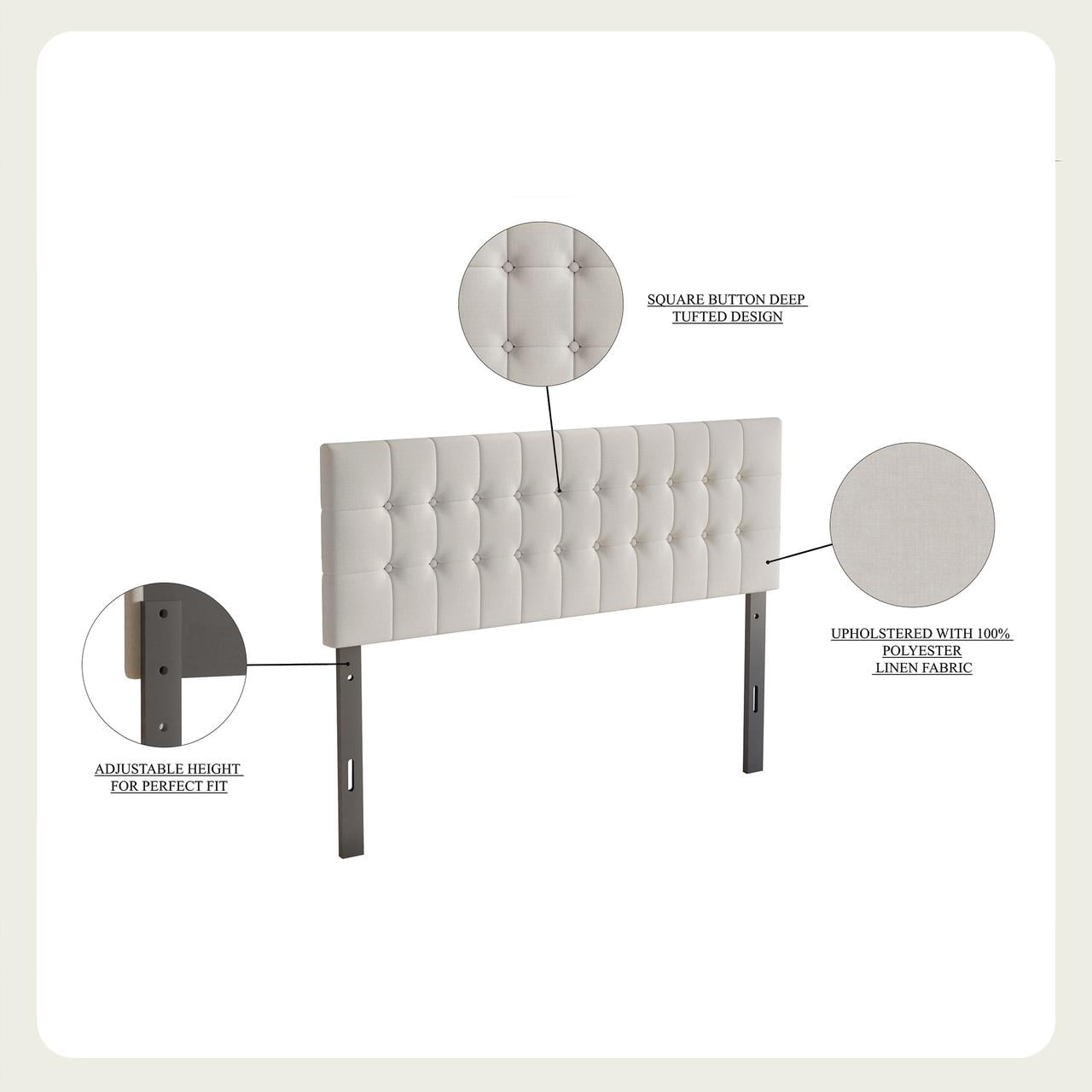 Castle Place Upholstered Button Tufted Linen Headboard, Light Grey, Full