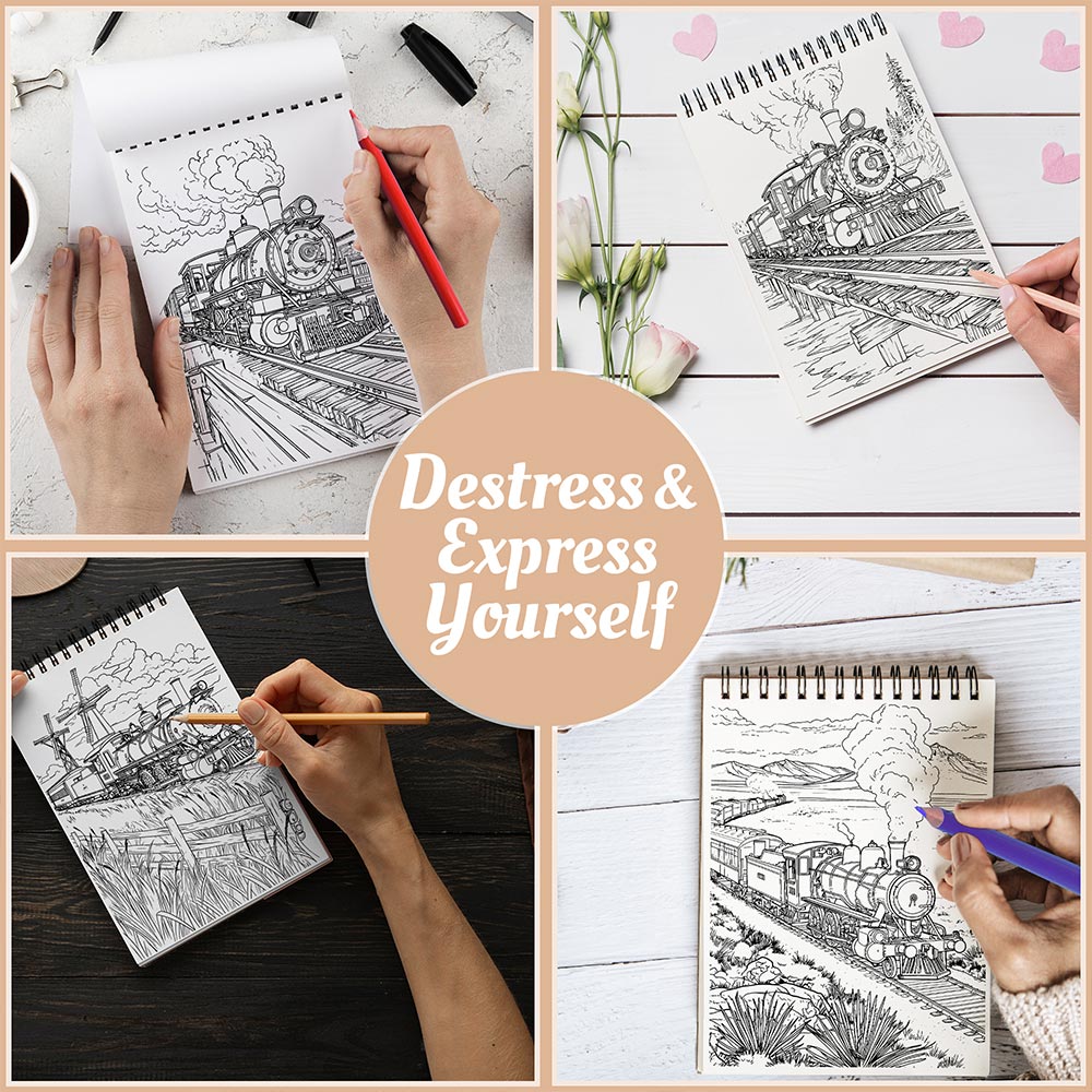 Netecom Train Coloring Book Spiral Bound for Adults and Toddlers, A5 Wooden Cover, 30 Whimsical Railway Coloring Pages of Scenic Journeys for Stress Relief and Relaxation