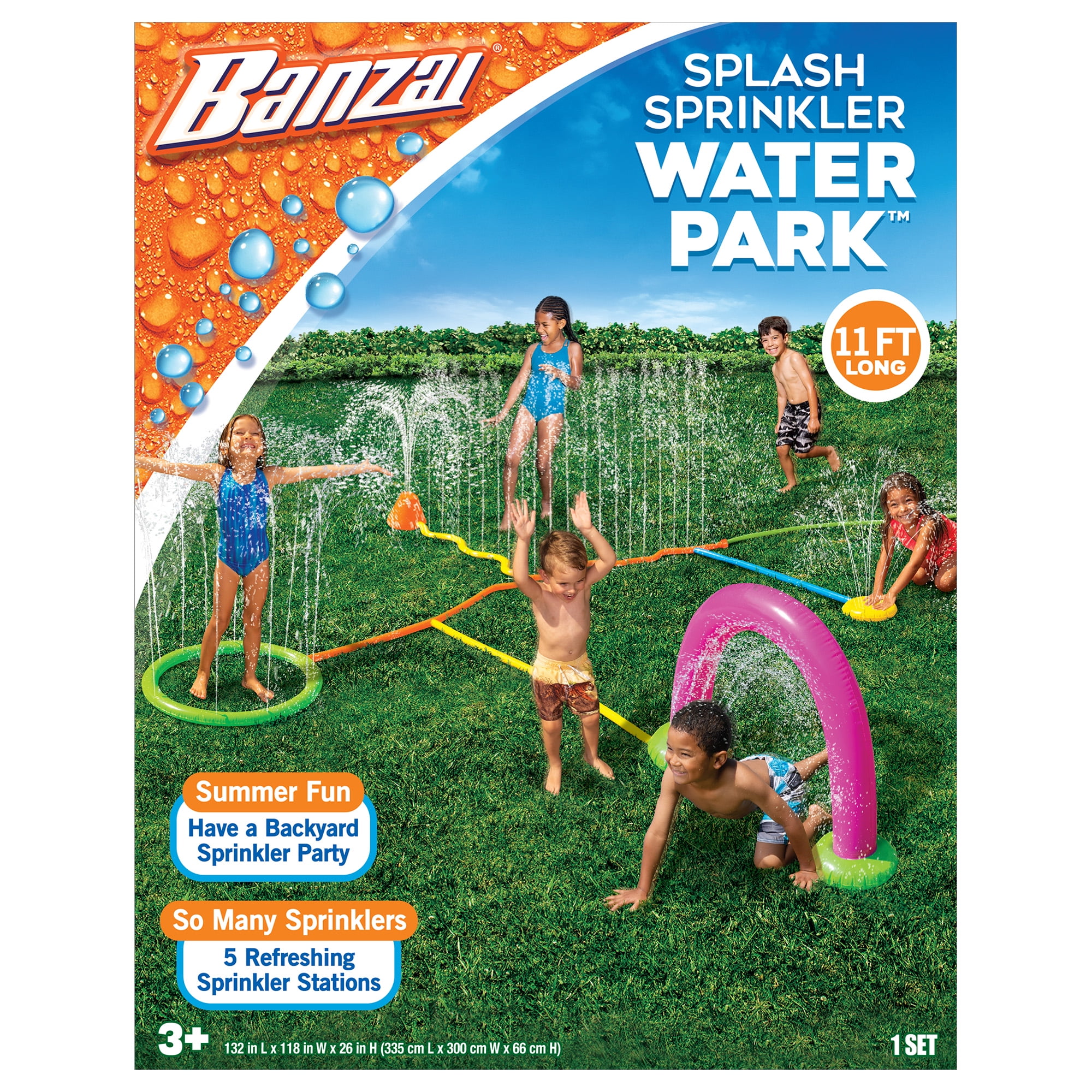 Banzai Splash Sprinkler Water Park 11ft Long Outdoor Family Summer Fun Activity, Ages 3+