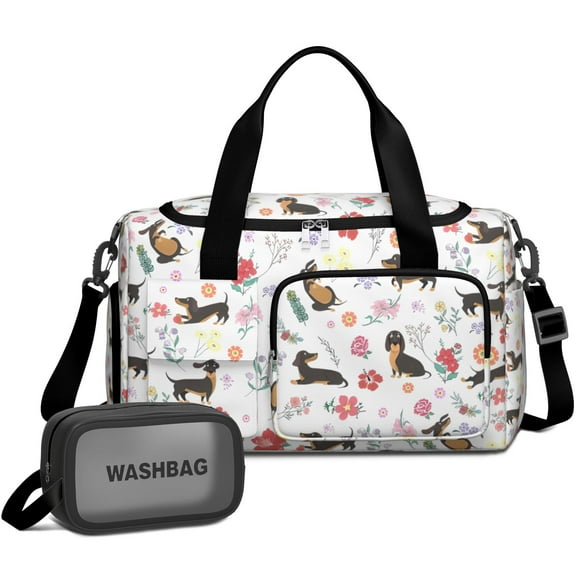 Women Men Gym Bag,Dachshunds with Flowers Small Duffle Bag Spend the Night Bags for Women with Shoes Compartment Washbag,Detachable Shoulder Strap,19.7x8.3x11 Inches