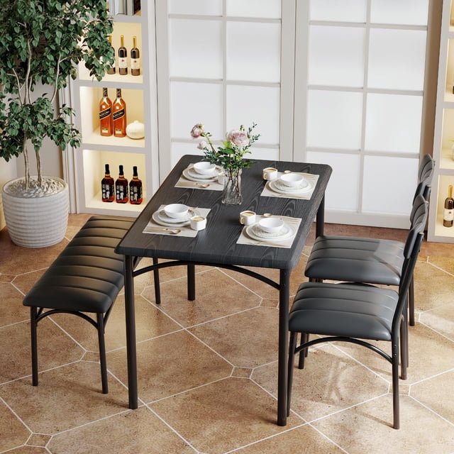 EDTara 4-Piece Dining Table Set, Includes Upholstered Bench and 2 Chairs, Compact Kitchen Table Set for Apartment or Small Dining Area