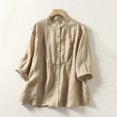thumbnail image 2 of Women's Vintage Solid Blouses Cotton Linen Button Down Short Sleeve Shirts Summer Loose Crew Neck Casual Boho Tops, 2 of 7