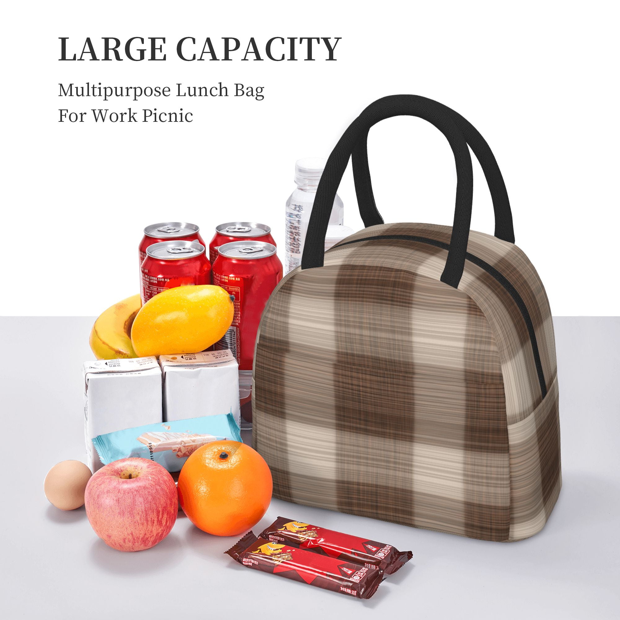 YFYANG Portable Waterproof Insulated Lunch Bag, Brown Abstract Plaid Stripe  Reusable Cooler Bag / Picnic Bag for Adults Teens 