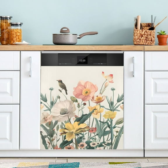 Flowers with Bird Dishwasher Magnet Cover Magnetic Fridge Door Cover Home Kitchen Decor 23"x 26"