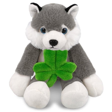 DolliBu Long Leg Husky Stuffed Animal with Green Plush Shamrock Cute Green Shamrock Plush Fun St Patricks Day Stuffed Animal Husky Good Luck St Patricks Day Toys for Kids Baby - 10.5 Inches