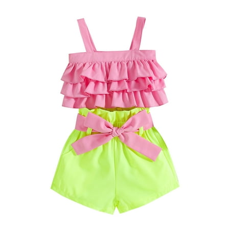 

ZHUASHUM Toddler Girls Sleeveless Ruffles Patchwork Colour Vest Tops Bowknot Shorts Outfits