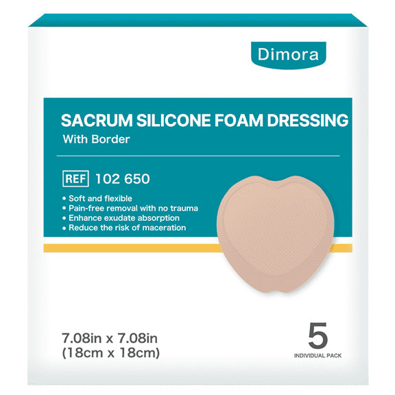 Dimora Waterproof Silicone Sacrum Foam Wound Dressing with Border, 7" x 7" Sacral & Coccyx Bandages for Pressure Relief and Bed Sore Care, 5 Pack