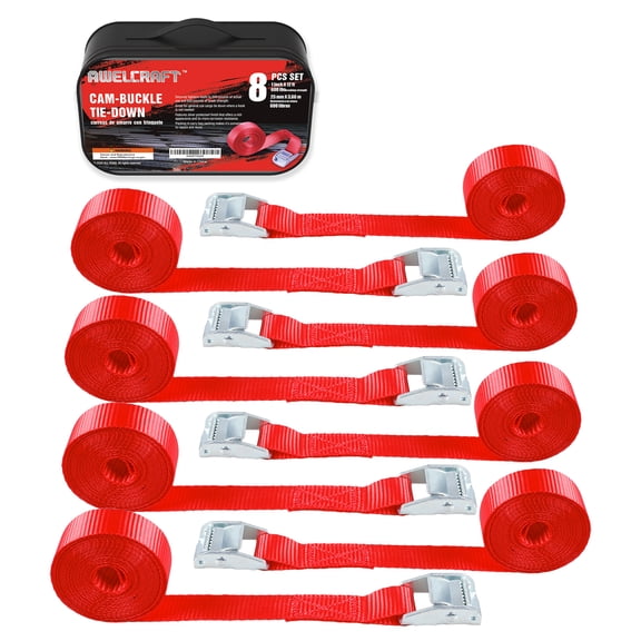 AWELCRAFT Lashing Tie Down Strap Cam Buckle Tie Down up to 600 lb, 8PK, 1" x 12FT