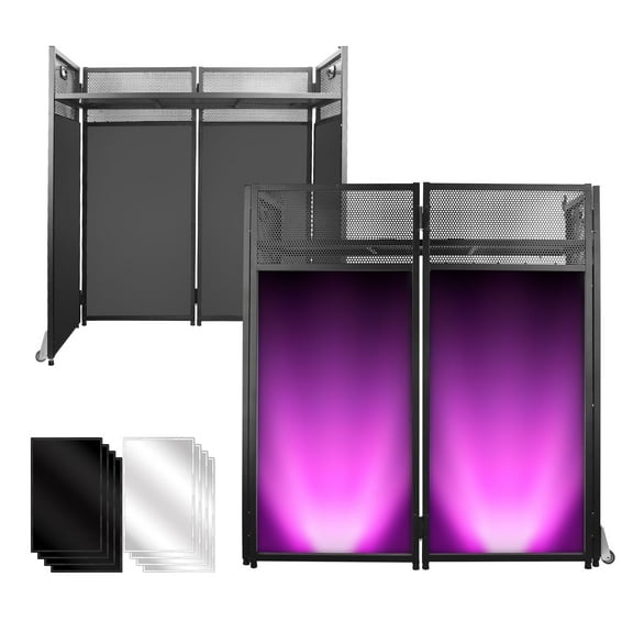 DJ Facade Booth Table 40" x 20"-Portable with Black&White Lighting Scrims Flat DJ Booth Panel-Black Metal Frame with 2 Extra Wheels for Show, Party