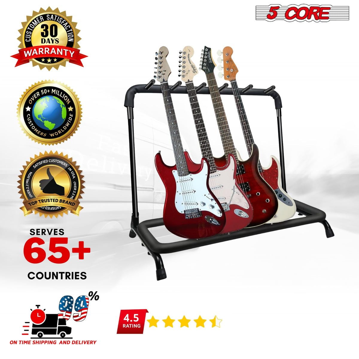 Guitar Rack 5 Slot Multi Guitar Stand Five Display Floor Stand Safe Storage Foldable Portable for Electric Acoustic Flying V Guitars -GRack 5N1 OVAL