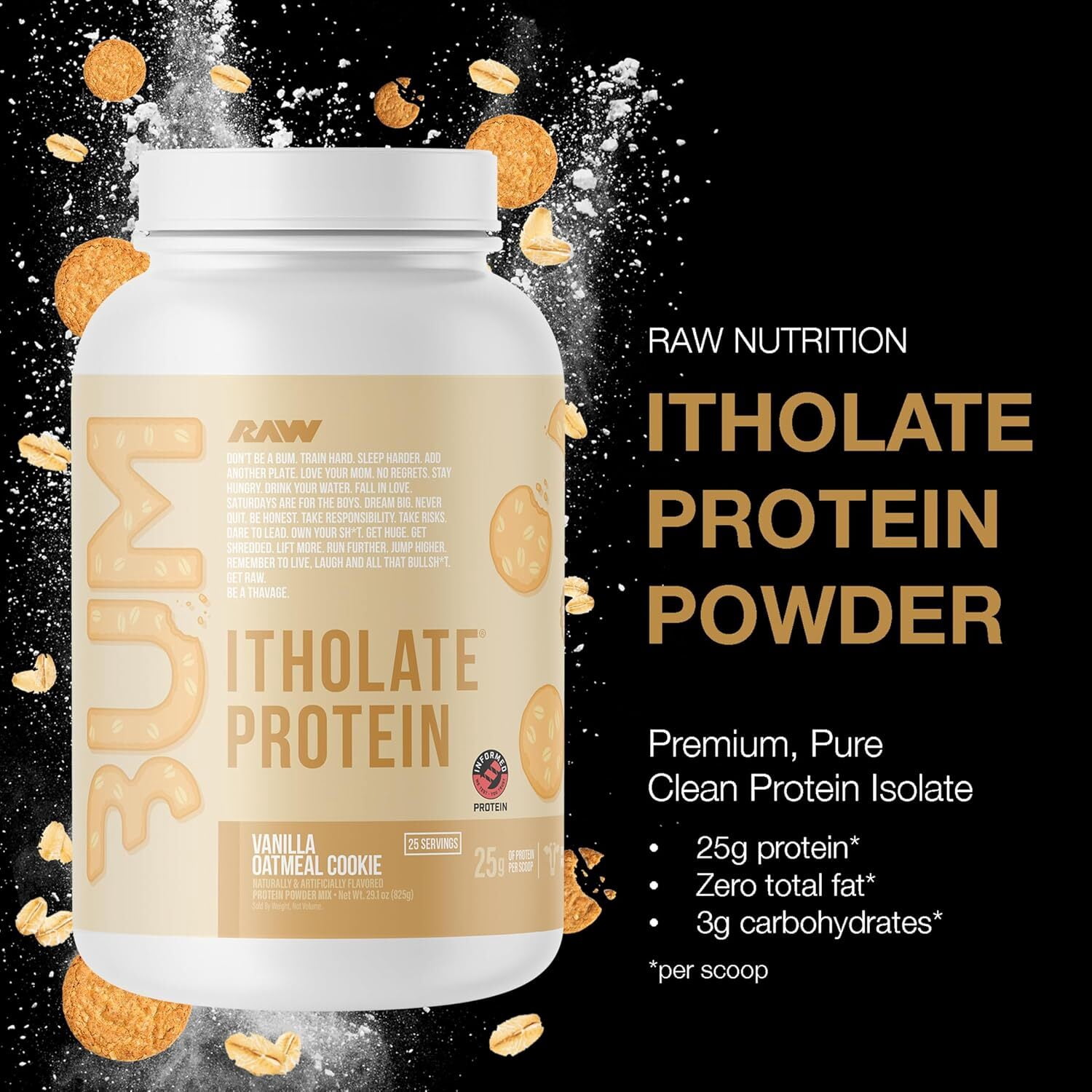 Raw Nutrition BUM Itholate Protein Powder, Growth & Recovery, Vanilla Oatmeal Cookie, 15 Servings