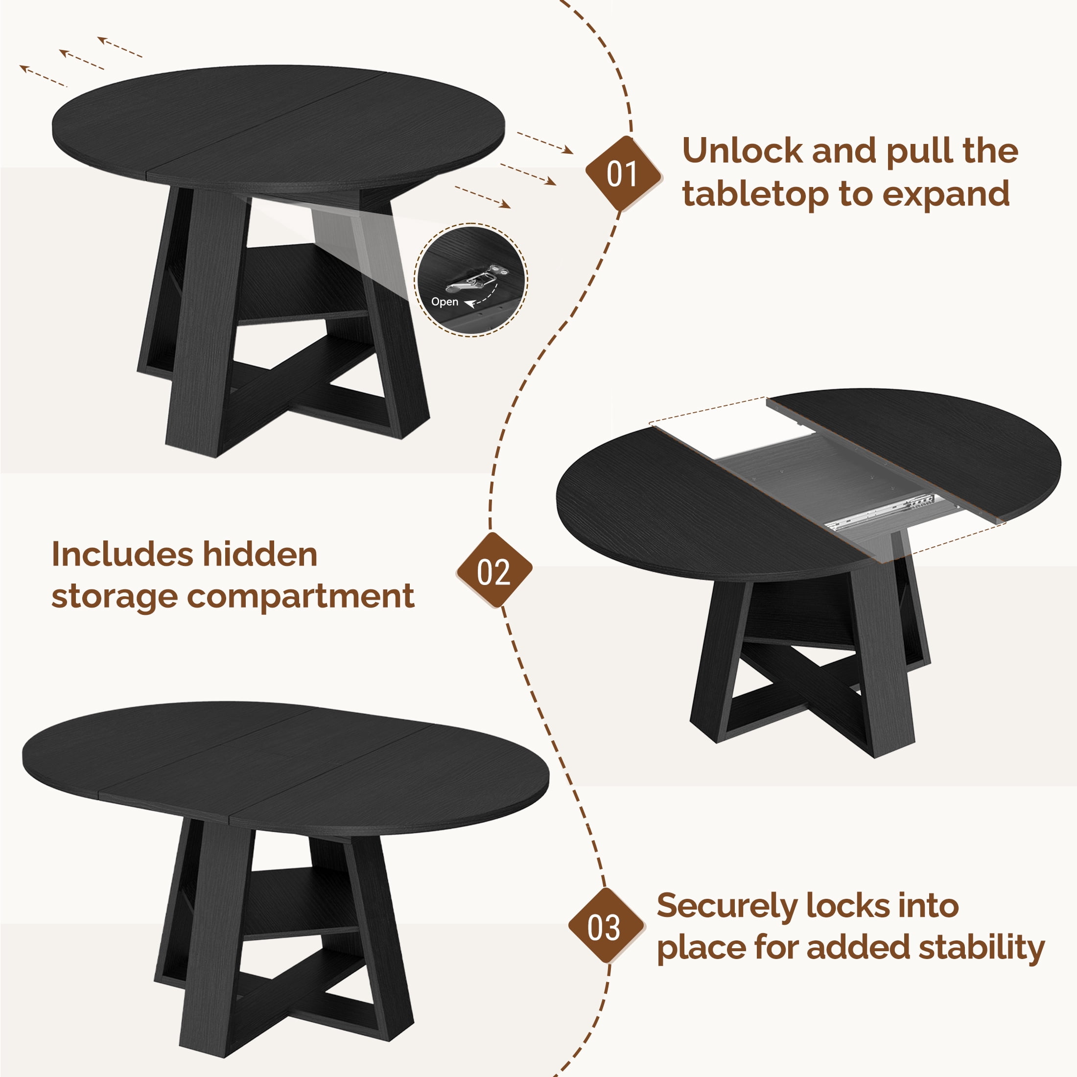 Hawsaiy 43.3-59 in Extendable Oval Dining Table for 4-6, Space-Saving Round Kitchen Table with Hidden Leaf Storage & Bottom Shelf for Small Space, Black