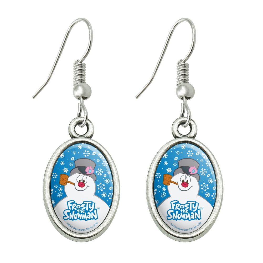 Frosty the Snowman Snowing Novelty Dangling Drop Oval Charm Earrings