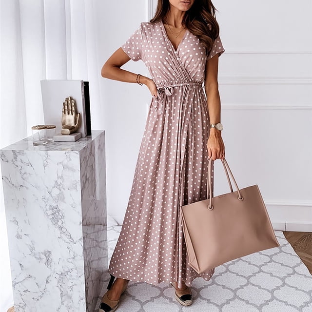 mtvxesu Robes, Robe Bohème à Pois à Col en V pour Femme à Manches Courtes, Robe Chemise à Jupe Longue