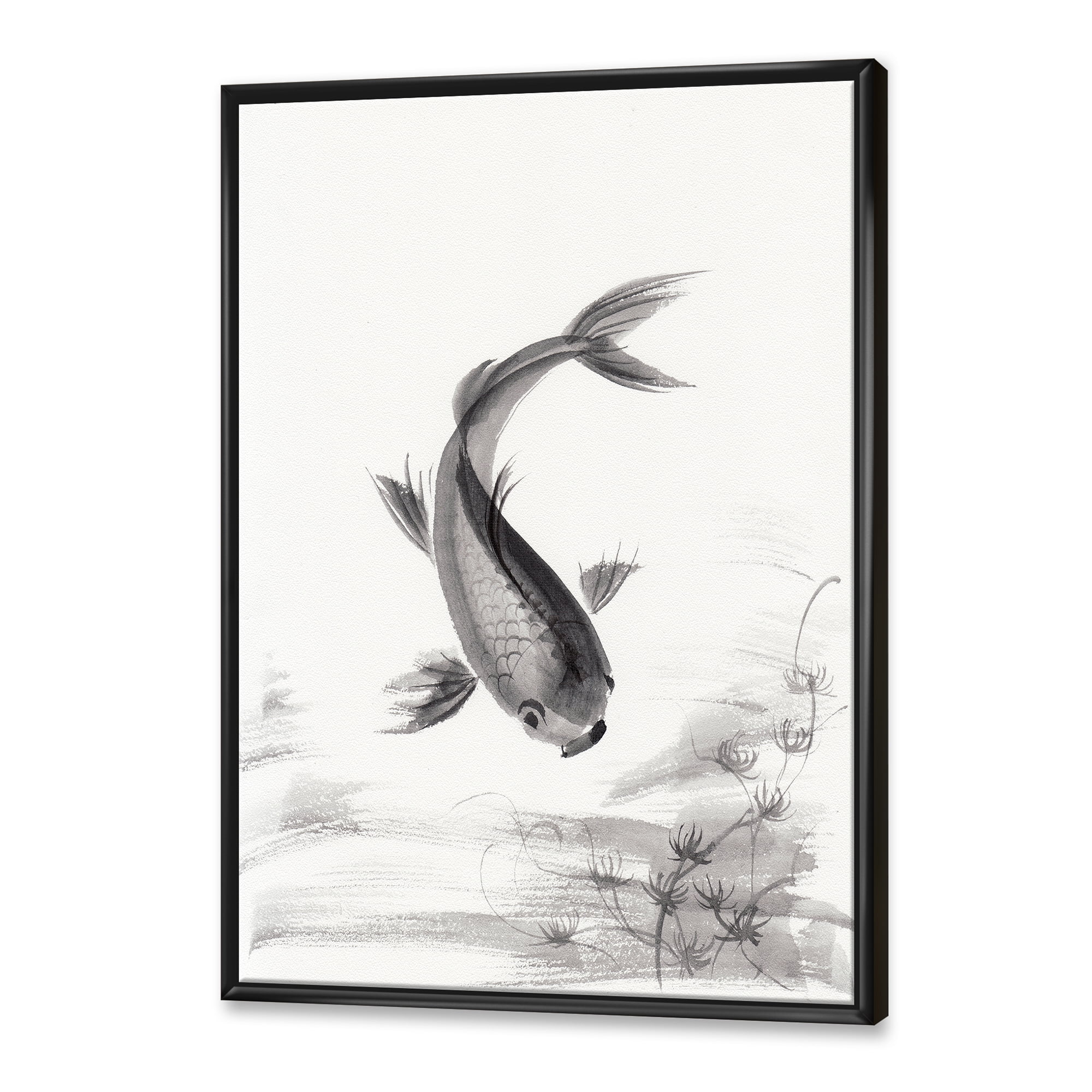 Designart 'Black and White Vintage Fish I' Nautical & Coastal Framed Canvas Wall Art Print