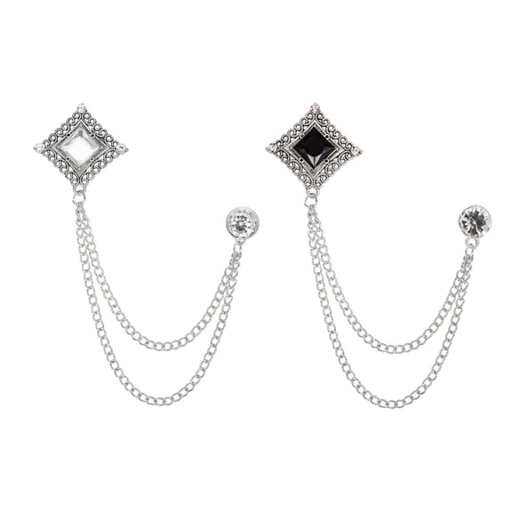 2Pcs Vintage Hollow Chain Brooch for Men, Silver Tassel Chain with Black/White Gemstone Hanging Lapel Pins for Suit Vest Tuxedo Prom Wedding Birthday Party