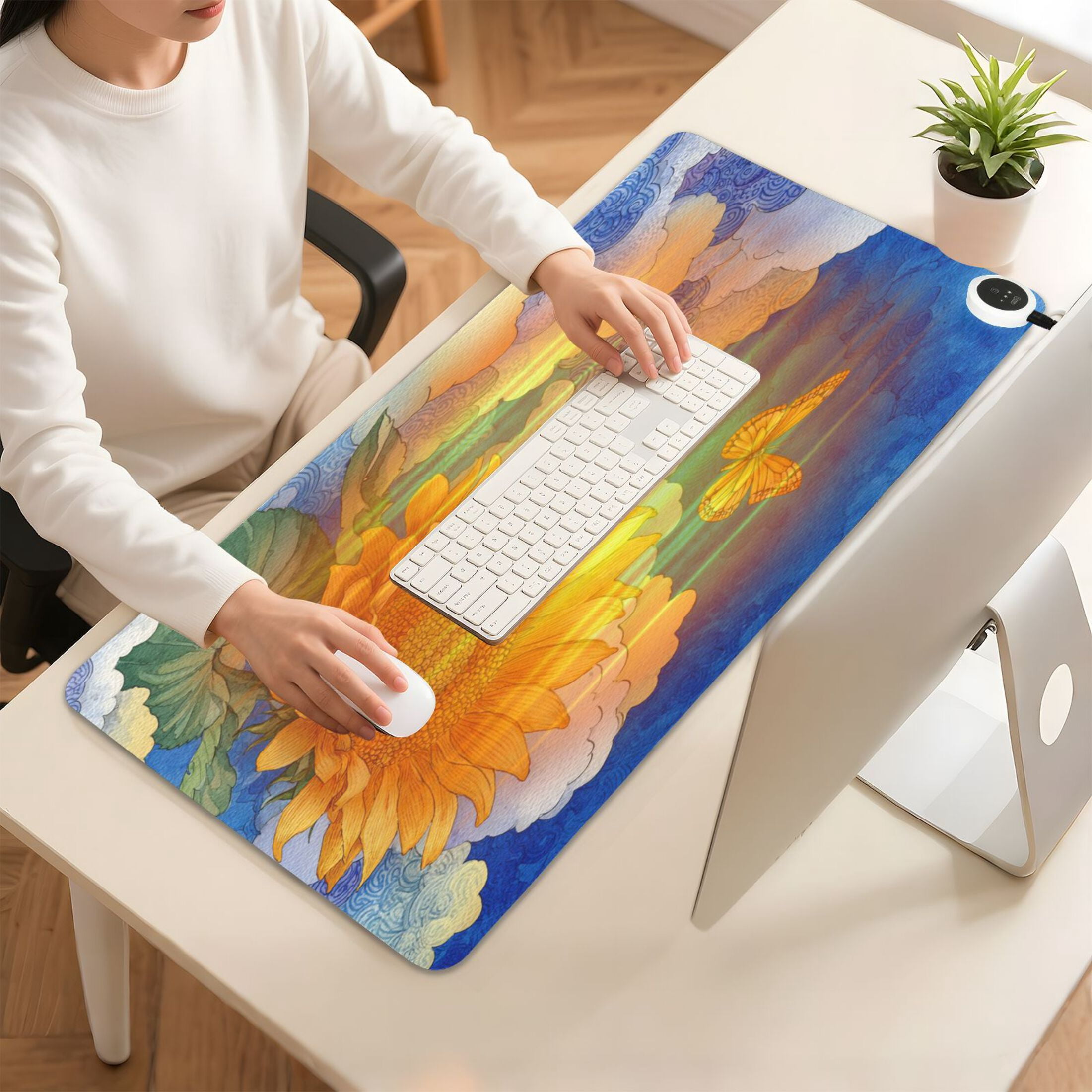 Large Heated Desk Mat Mouse Pad 31.5"x13"PU Leather Graphene Heating Desk Warmer with 3 Temperature Settings 110V US Plug Non-Slip Warm Pad for Home, Office, and Gaming Beautiful Sunflower in The Sky