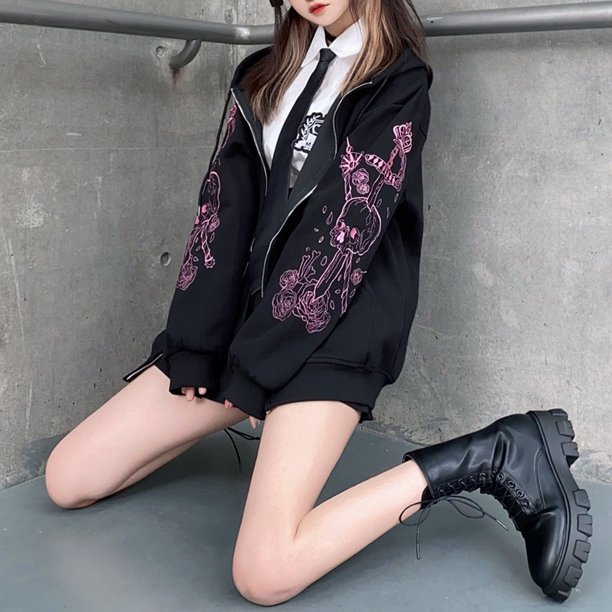 Pntutb Mujeres Otoño Moda Gótico Oscuro Estampado suelto Casual Manga completa Tops Abrigo con capucha Liquidación Pntutb Pntutb-7798