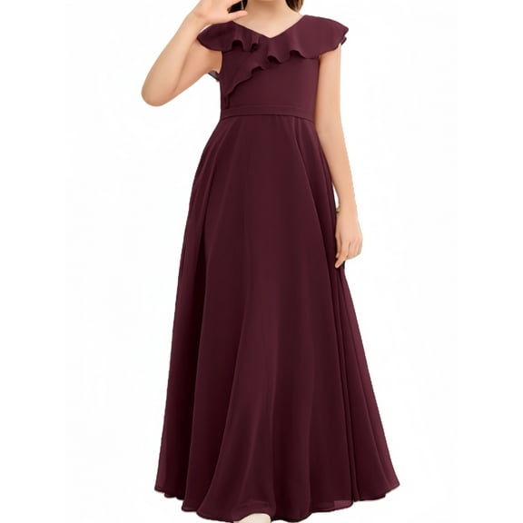 Junior Bridesmaid Dresses Chiffon Flower Girl Dress Girls Spaghetti Straps Party Pageant Gown -Cabernet-2Y