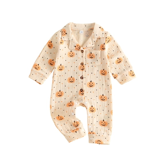 Cjfdfy Newborn Baby Girl Boy Halloween Clothes Romper Pumpkin Dot Long Sleeve Button-up Jumpsuit Infant Cute My First Halloween Fall Winter Clothes 0-18 Months