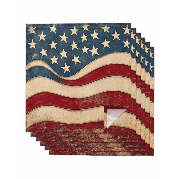 nqOlkjepod Vintage American Flag Cloth Napkins Set of 6 Reusable Dinner Napkins, Blue Red White Star US Flag Cocktail Napkin Washable Table Napkins for Wedding/Holiday Party/Baby Shower 20"x20"