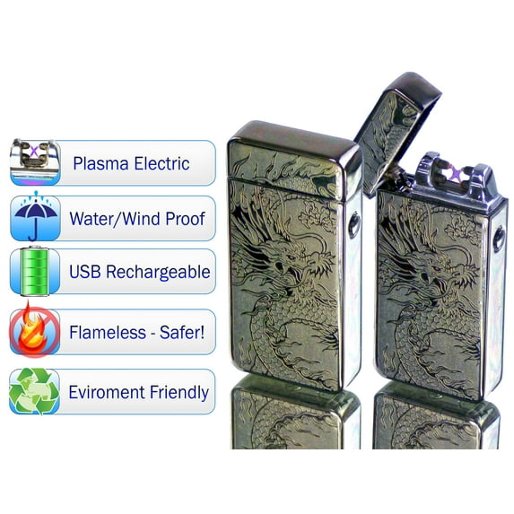 Tac Plasma Lighter Dual Arc Tactical Beam - USB Rechargable, Electric Windproof Splashproof Flameless Lighter, Butane Free Tactical Dual Arch - New Technology - Seen on TV - Silver Dragon