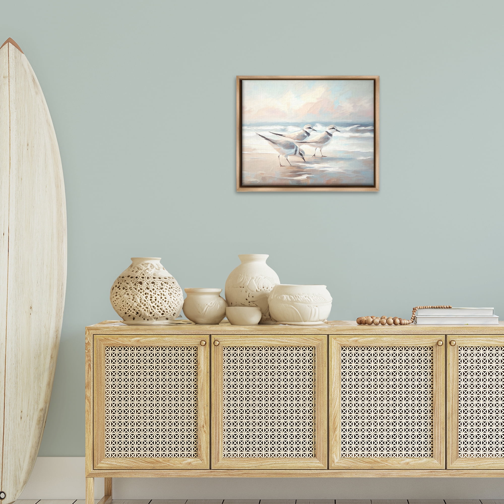 Stupell Industries Bay with Beach Birds Coastal Painting Brown Floater Framed Canvas Art Print Wall Art, 21 x 17