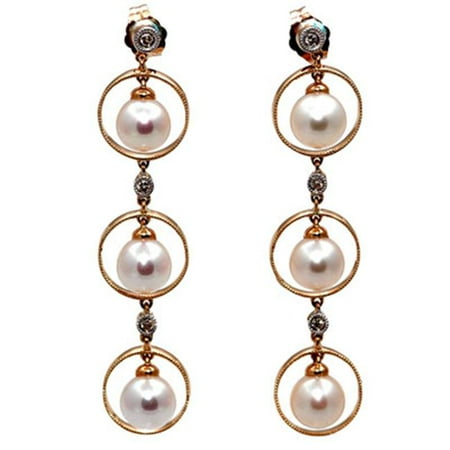 14K Gold Diamond Triple Circle Dangle Earrings With White Cultured Pearls