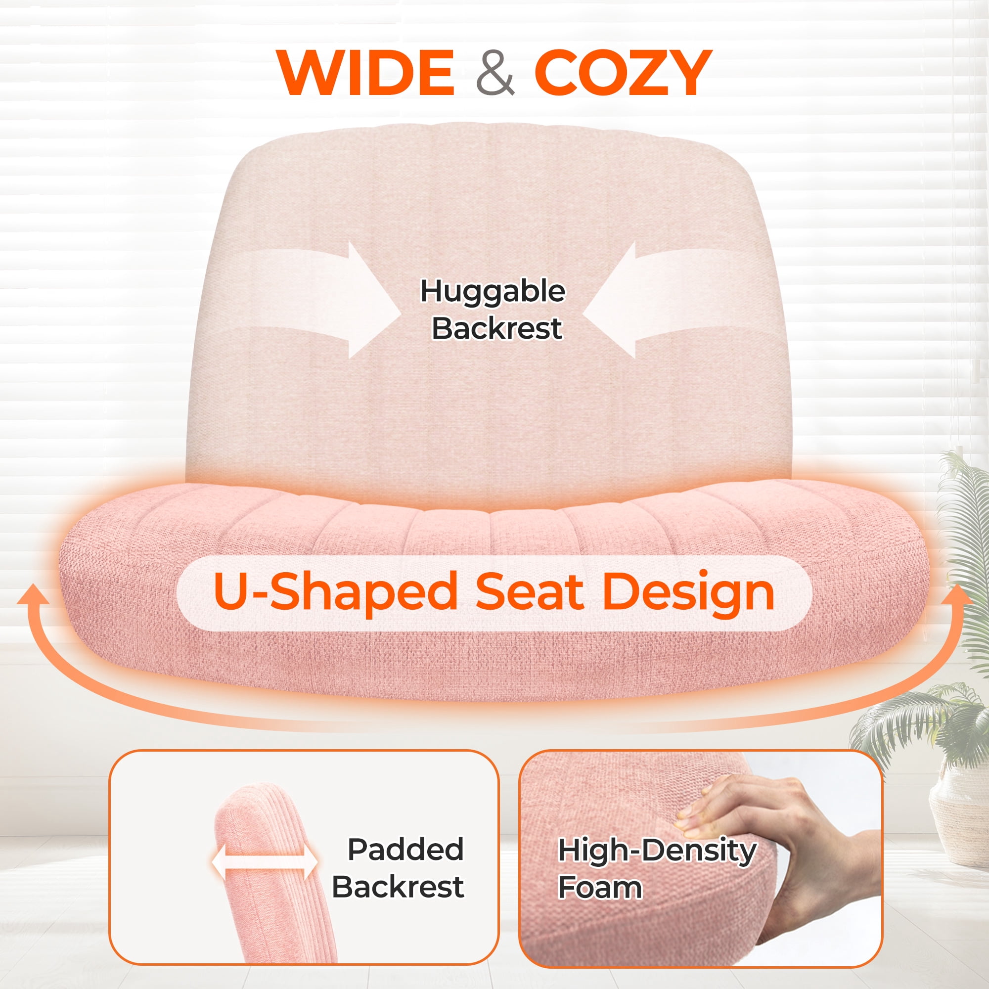 Orange Factory Criss Cross Chair Wheels Wide Cross Legged Office Desk Vanity Chair Comfy Fabric Armless Adjustable Swivel for Home Computer Task (Pink Wheel, Fabric)