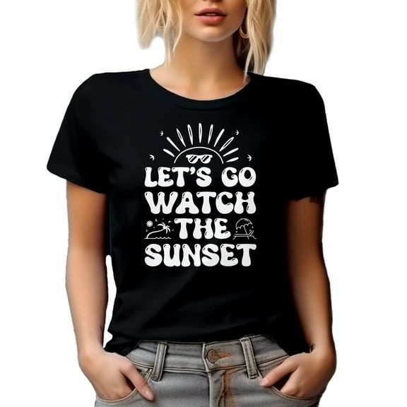 Let's Go Watch Sunset - Groovy Text Quote, Black T-Shirt, Large