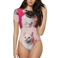 thumbnail image 1 of Saiise Motif Collage de Chiens et Chats Colorés Combinaison à Manches Courtes pour Femmes Pyjama à Col Rond Justaucorps Extensible avec Fermeture à Pression-Grand, 1 of 7