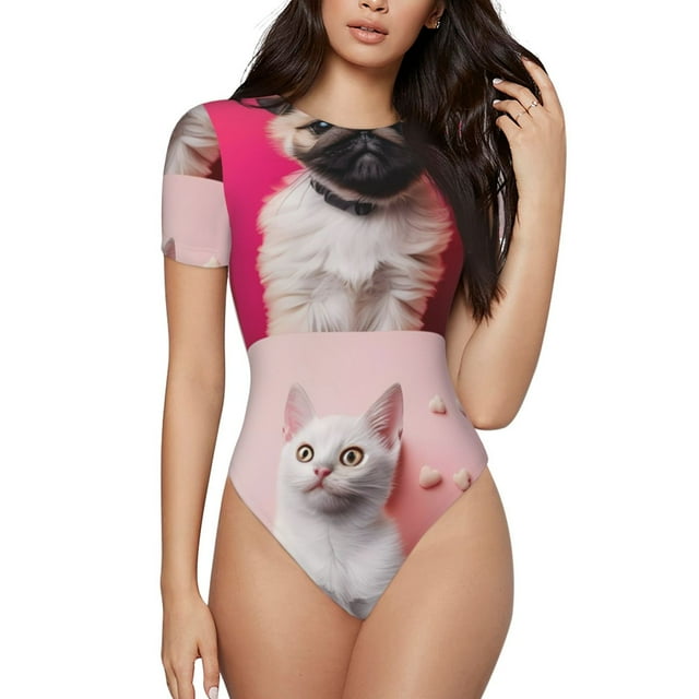 Saiise Motif Collage de Chiens et Chats Colorés Combinaison à Manches Courtes pour Femmes Pyjama à Col Rond Justaucorps Extensible avec Fermeture à Pression-Grand