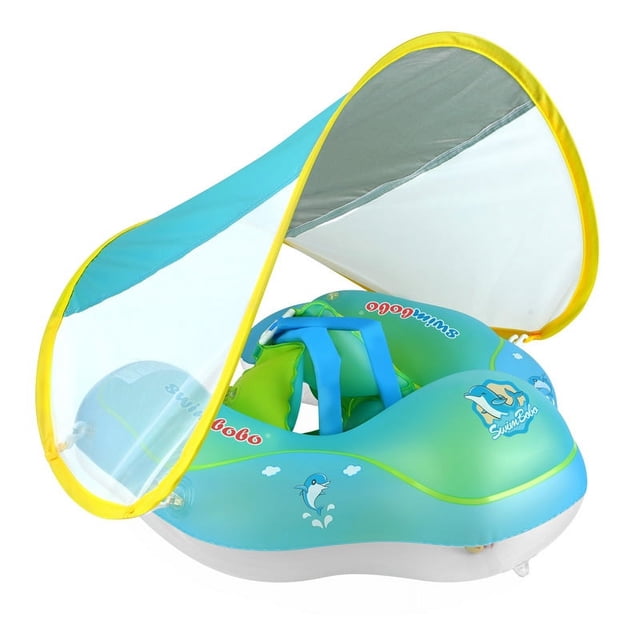 Flotador de natación para bebé, flotador inflable para piscina con toldo de protección solar extraíble, bolsa de aire doble, anillo de cintura para natación para bebé, flotadores inflables para piscina, juguetes para bebés y niños pequeños - S--S brillar Electrónica