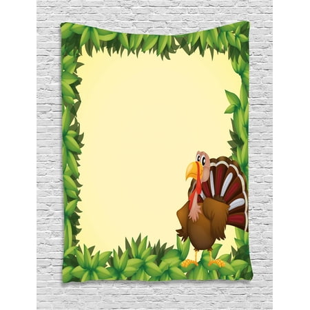 Thanksgiving Turkey Lights Kids Thanksgiving Tapestry, Turkey with Happy Expression Green Foliage Fresh Leaves, Wall Hanging for Bedroom Living Room Dorm Decor, 40W X 60L Inches, Green Pale Yellow Brown, by Ambesonne ()